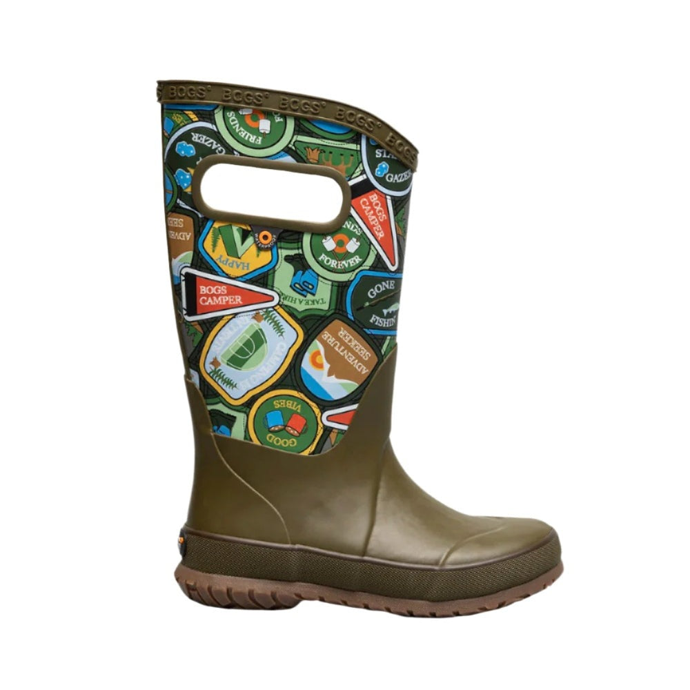 BOGS Rainboot Camping Patches Army Green Multi toddler boot with cutout handle and brown sole.