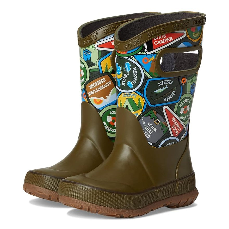 BOGS Rainboot Camping Patches Army Green Multi boots side by side, olive rubber with colorful patchwork and rugged tan sole