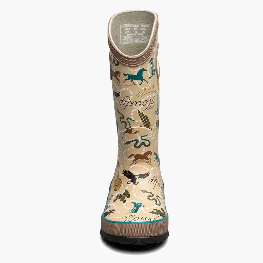 BOGS Rainboot New Western kids' beige rain boot with animal print, teal trim, rugged sole, standing upright.