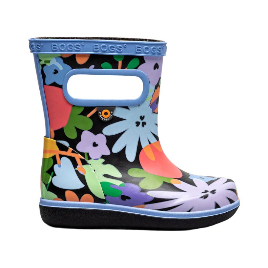 BOGS Skipper II Overlap Flowers Black Multi toddler rain boot with blue trim and built-in handle for easy on/off