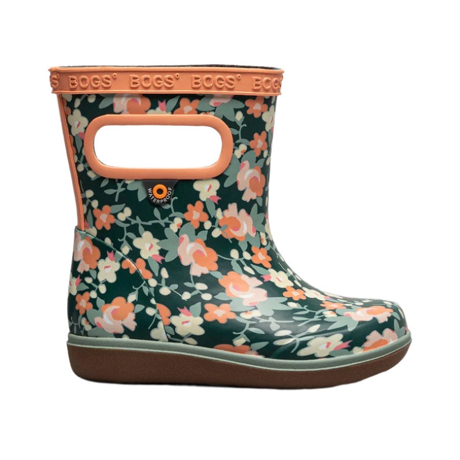 BOGS Skipper II Small Floral Emerald Multi toddler boot with orange trim, floral print for rainy days.