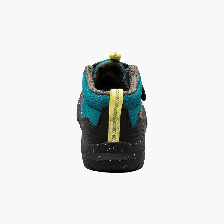 BOGS Skyline Kicker Mid Purple Multi toddler boot; rear view shows easy-on yellow pull tab and rugged speckled sole.