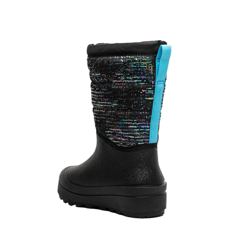 BOGS baby snow boot with black lower shell, metallic multicolor upper, and bright blue pull tab