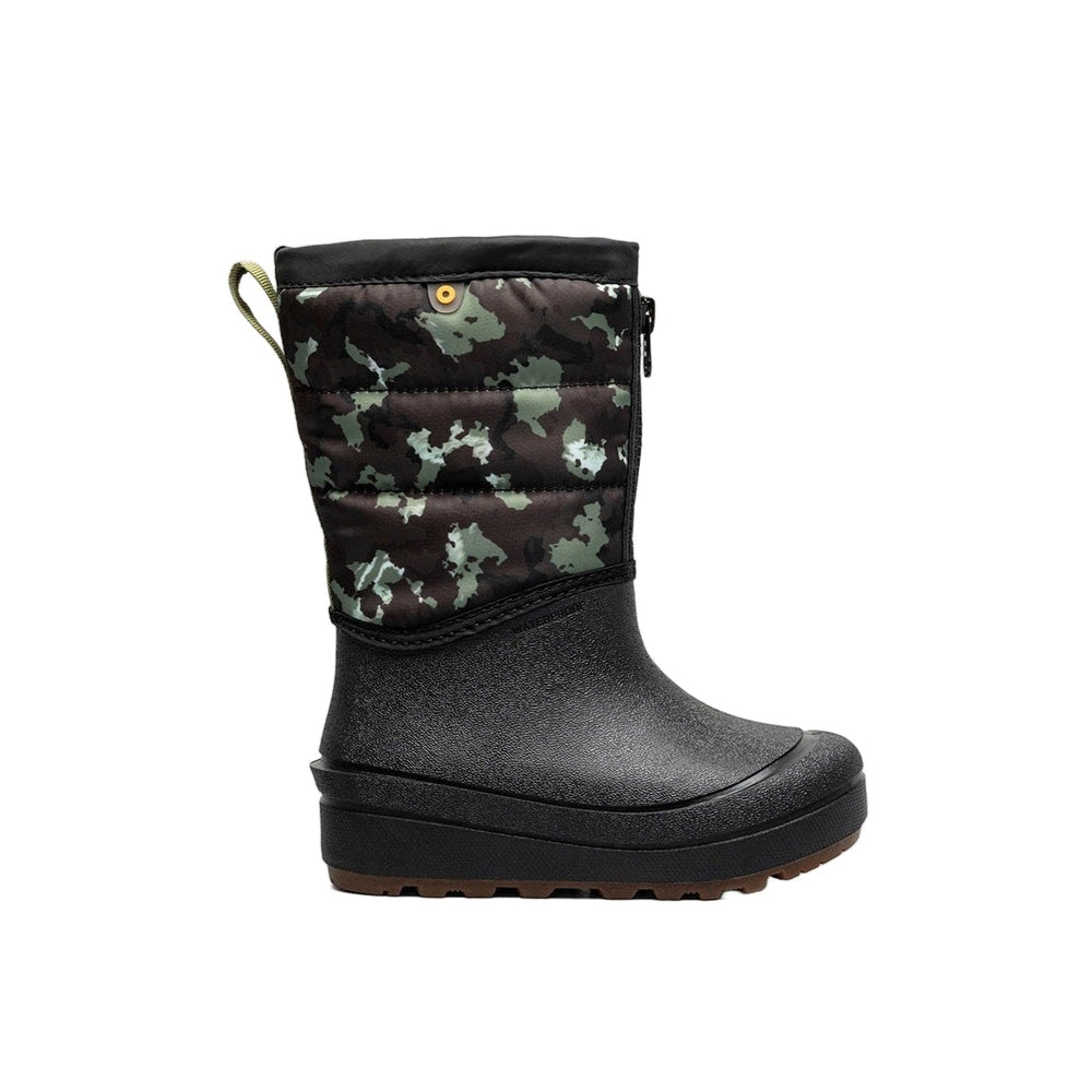 BOGS snow boot for toddlers with camo shell texture, black waterproof rubber lower and side zip