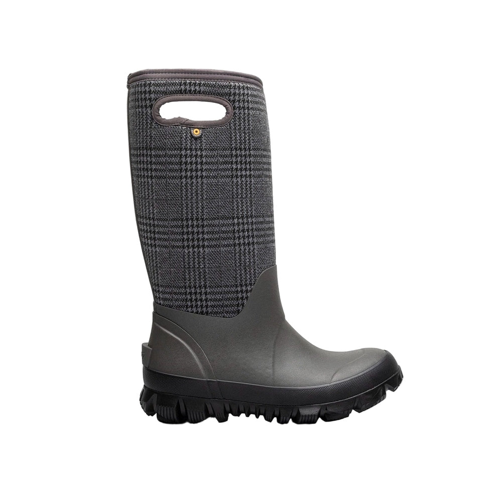 BOGS women's winter boots Whiteout Plaid Cement Multi, tall gray plaid shaft with rugged sole