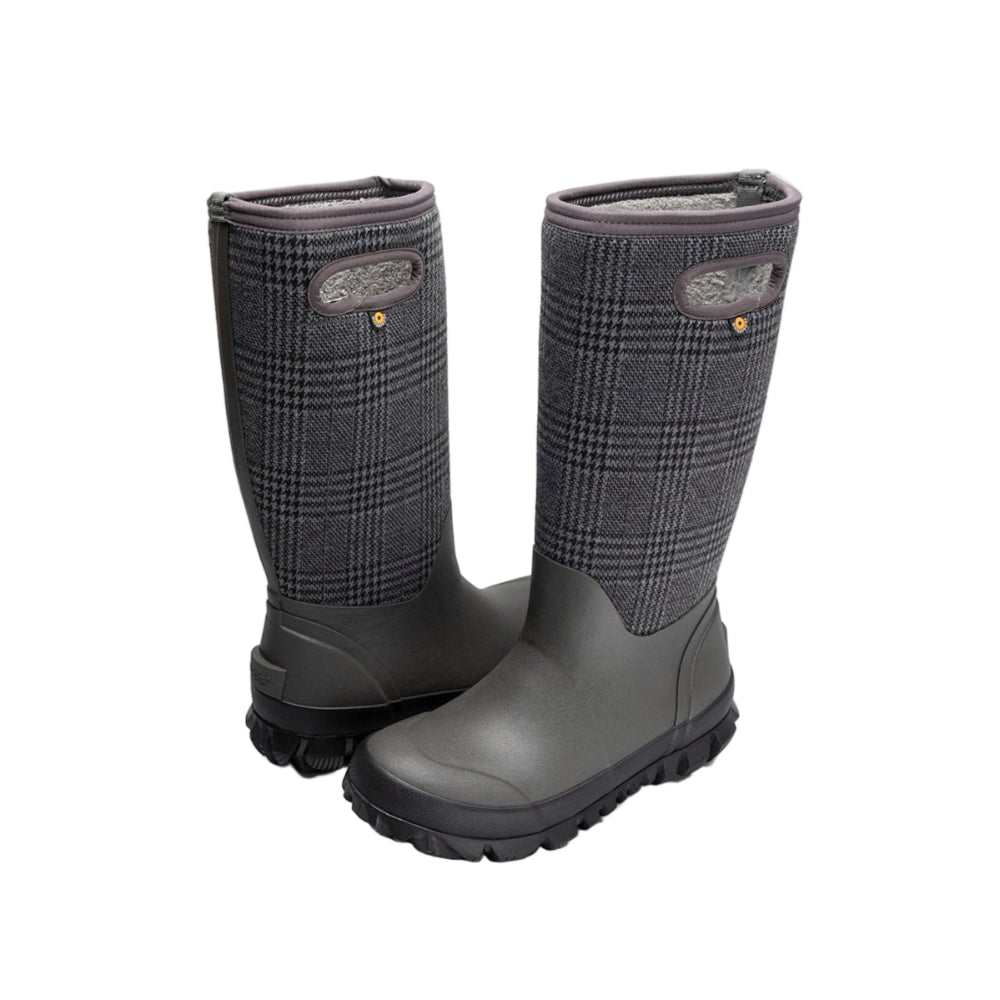 Bogs women's winter boots Whiteout Plaid Cement Multi with grey plaid fabric upper and rubber sole
