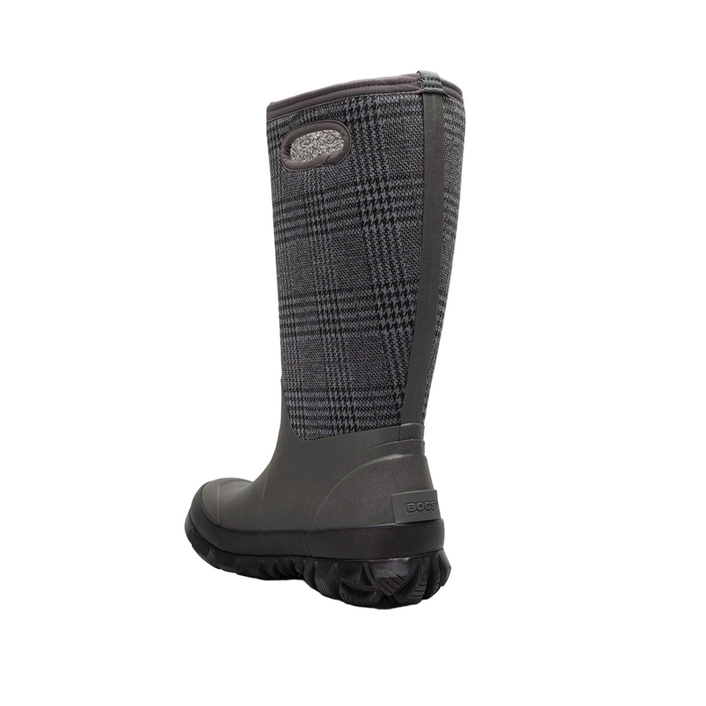 BOGS women's winter boot Whiteout Plaid Cement Multi, tall waterproof rubber boot with gray plaid fabric shaft
