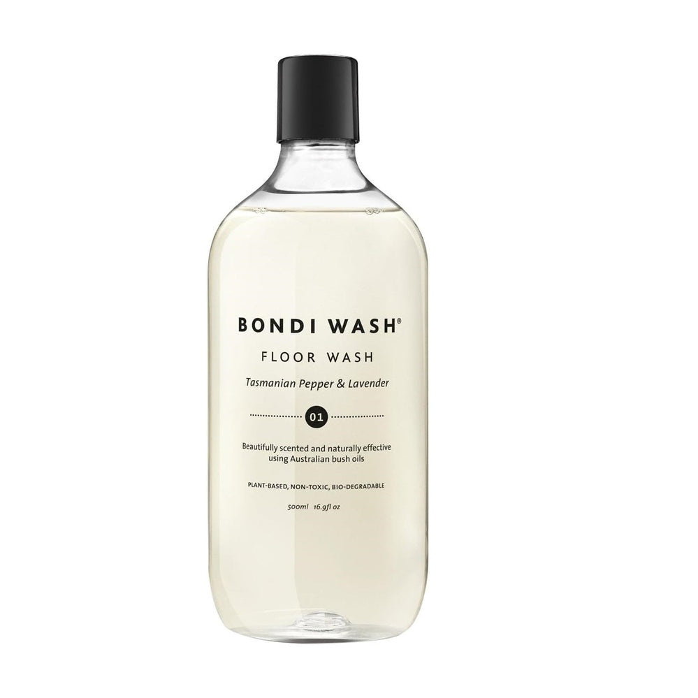 Bondi Wash Floor Wash 500 ml bottle with black cap and label showing Tasmanian Pepper & Lavender scent.