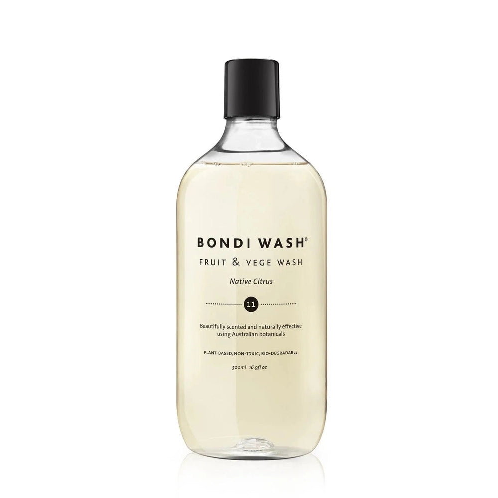 Bondi Wash Fruit & Veg Wash Native Citrus 500 ml bottle; clear plastic container with black cap
