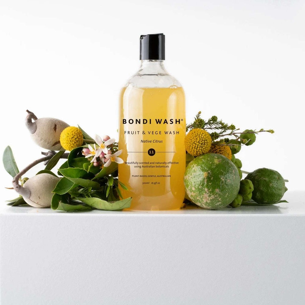 Bondi Wash Fruit & Veg Wash Native Citrus 500 ml bottle with yellow liquid and plant-based formula