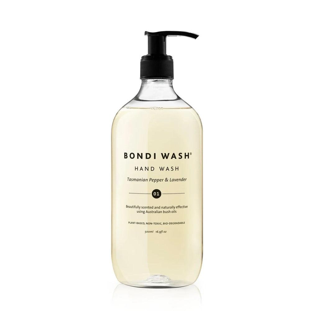 Bondi Wash Hand Wash 500 ml in clear bottle, black pump dispensing soap; Tasmanian Pepper & Lavender scent.