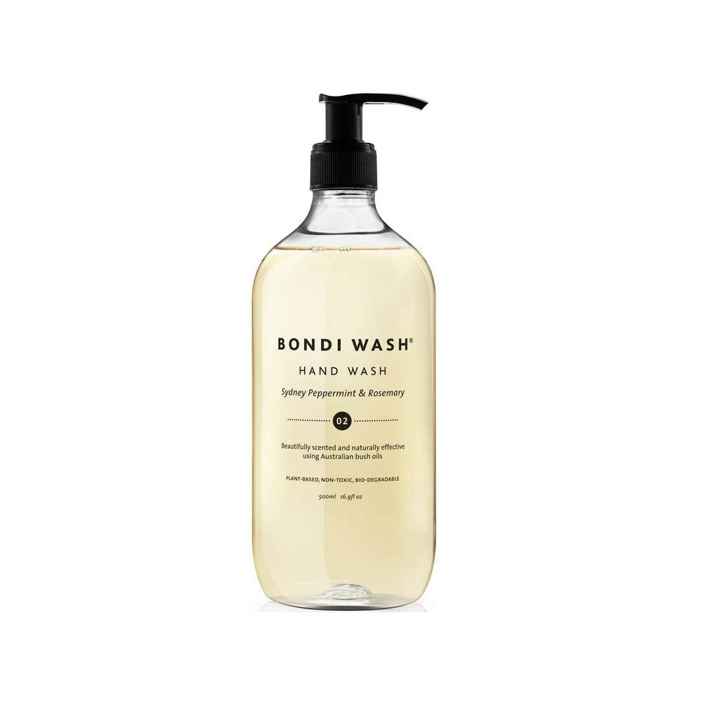 BONDI WASH Hand Wash 500 ml bottle with pump dispensing soap, Sydney Peppermint & Rosemary scent.