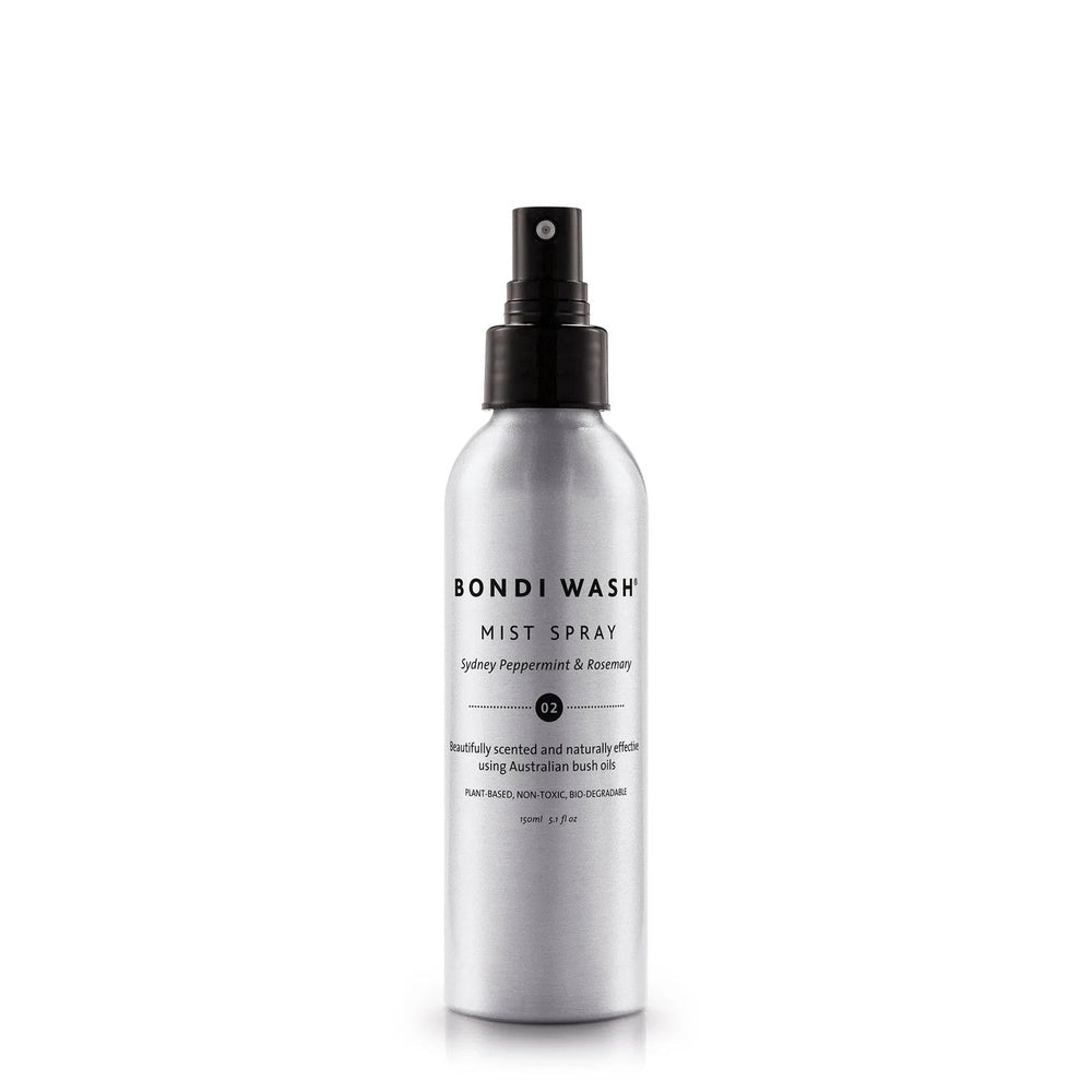 Bondi Wash Mist Spray 150 ml aluminum bottle with black nozzle delivering peppermint and rosemary mist.