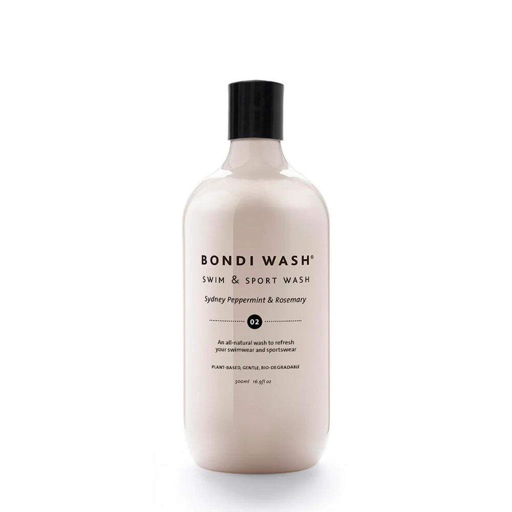 Bondi Wash Swim & Sport Wash Sydney Peppermint & Rosemary, 500 ml bottle in pale pink.
