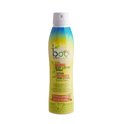 Boo Bamboo After Sun Body Lotion Spray 170g; yellow-green gradient bottle, BOO BAMBOO skincare.