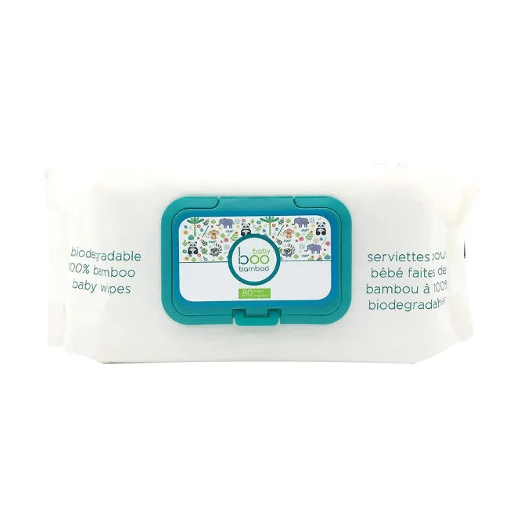 Boo Bamboo Baby Biodegradable Wipes 80ct with teal lid, 100% bamboo.