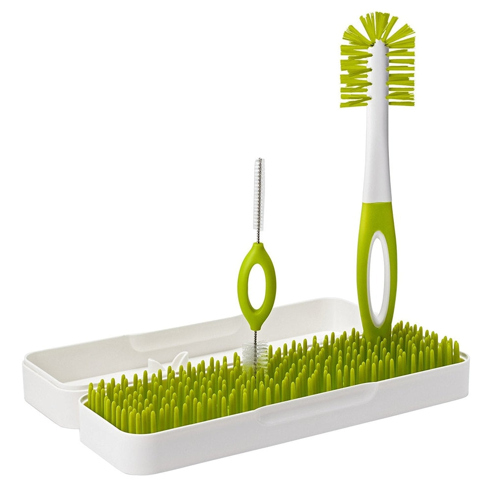 Boon Trip Travel Drying Rack green with bottle brush; compact baby bottle drying rack set