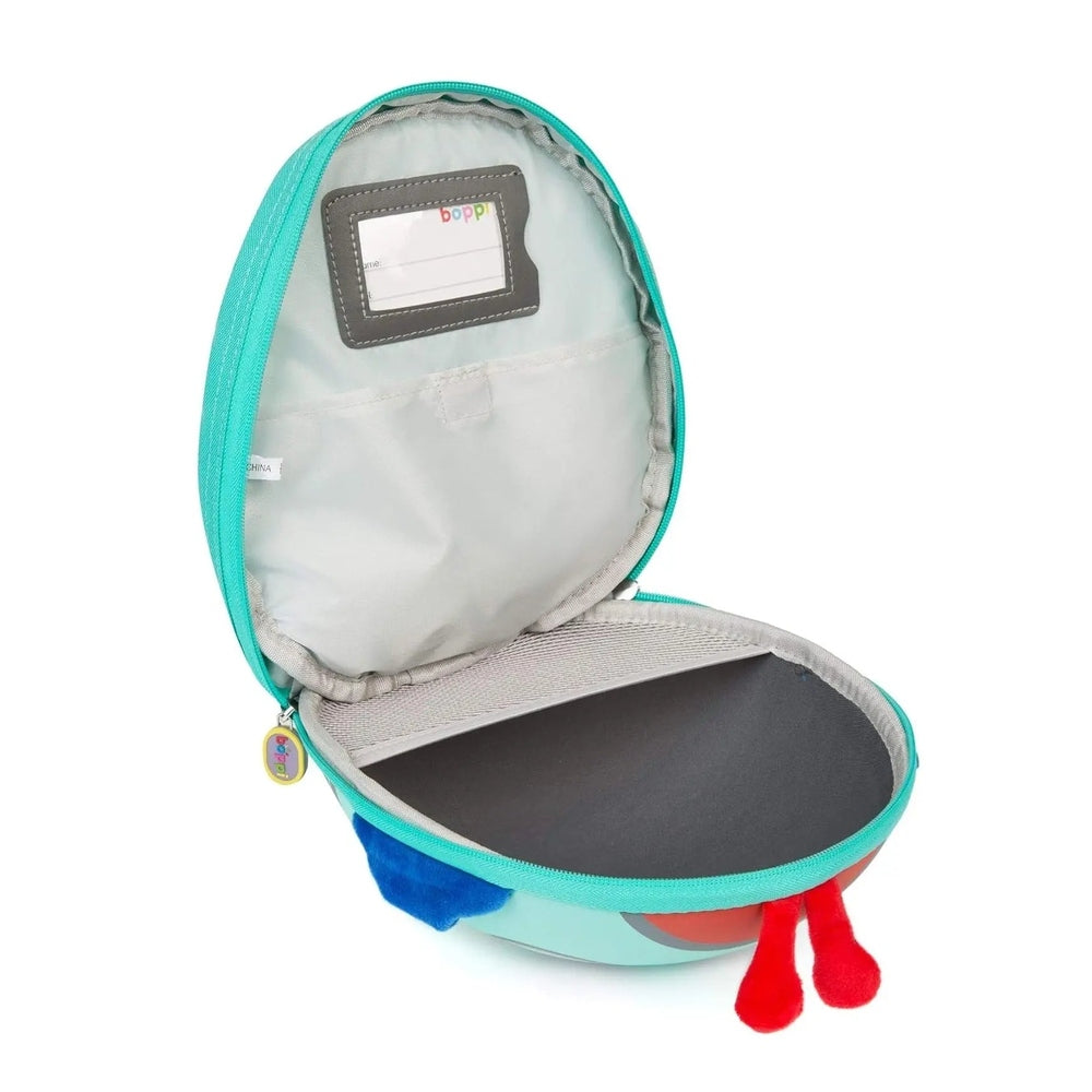 Boppi Tiny Trekker Kids Backpack in teal opens to grey lining with a name tag window and red plush zipper pulls