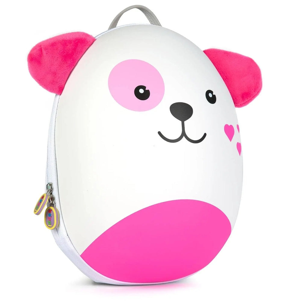 BOPPI Boppi Tiny Trekker Kids Backpack featuring white panda design with pink ears and bottom, zipper pulls visible.