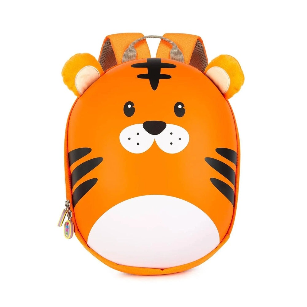 Boppi Tiny Trekker Kids Backpack in bright orange tiger design with plush ears and striped accents.