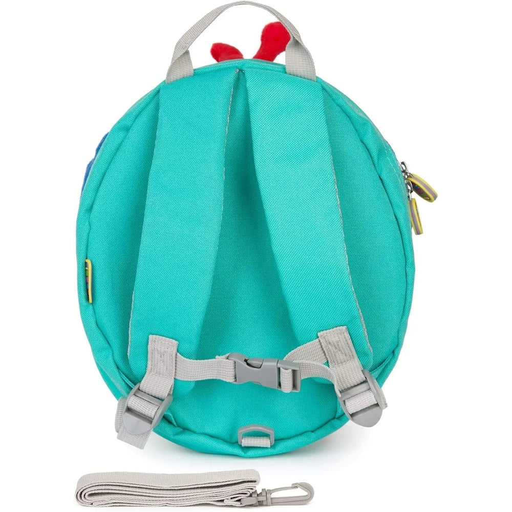 Boppi Tiny Trekker Kids Backpack turquoise with gray adjustable straps fastened by side buckles.