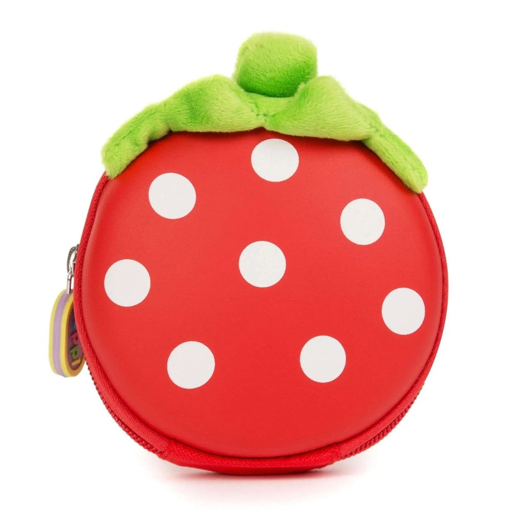BOPPI Boppi Tiny Trekker Kids Keychain Pouch, red strawberry with white polka dots and green plush top, zipper pull visible
