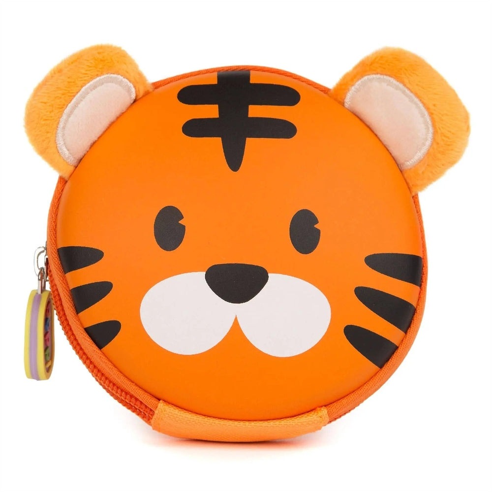 Boppi Tiny Trekker Kids Keychain Pouch orange tiger plush with ears and zipper closure.
