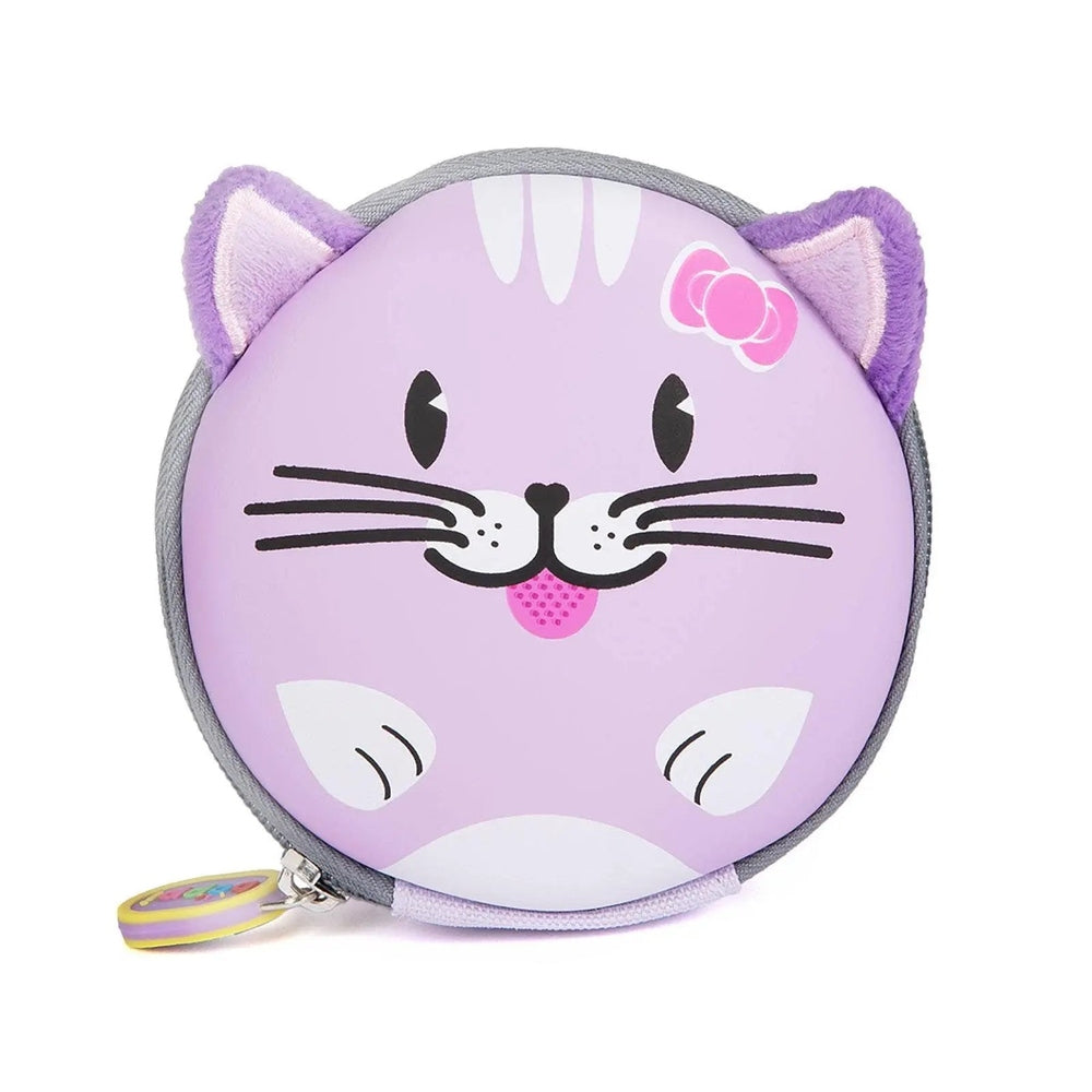 BOPPI Tiny Trekker Kids Keychain Pouch, round purple cat design with grey trim and zipper pull charm