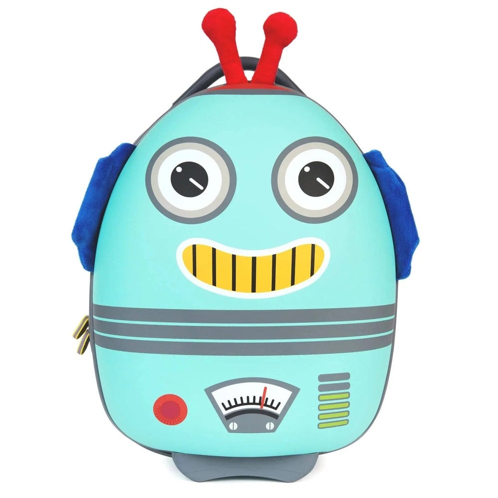 Boppi Tiny Trekker Kids Luggage Case in turquoise with red antennae and blue arms, cheerful robot design.