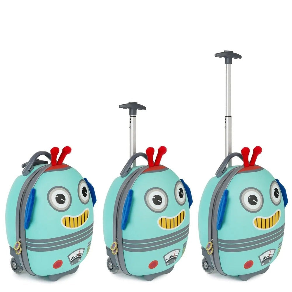 Boppi Tiny Trekker Kids Luggage Case 3-piece turquoise robot design with wheels and extending handles.