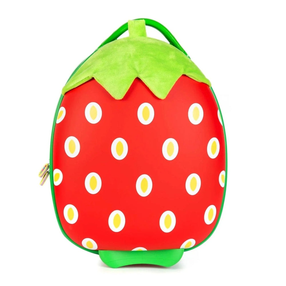 Boppi Tiny Trekker Kids Luggage Case strawberry red with green lid, top handle for easy carrying.