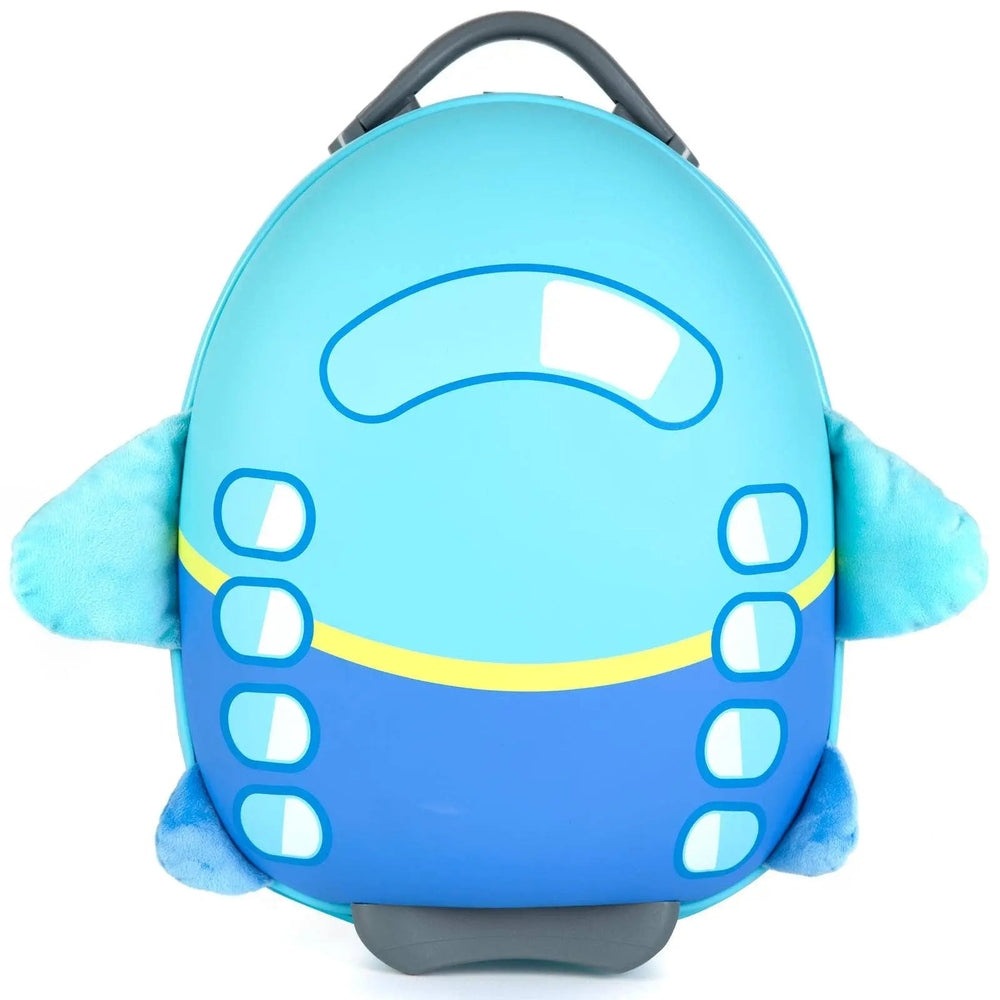 Boppi Tiny Trekker Kids Luggage Case in blue hard-shell, plush arms gripping the sides.