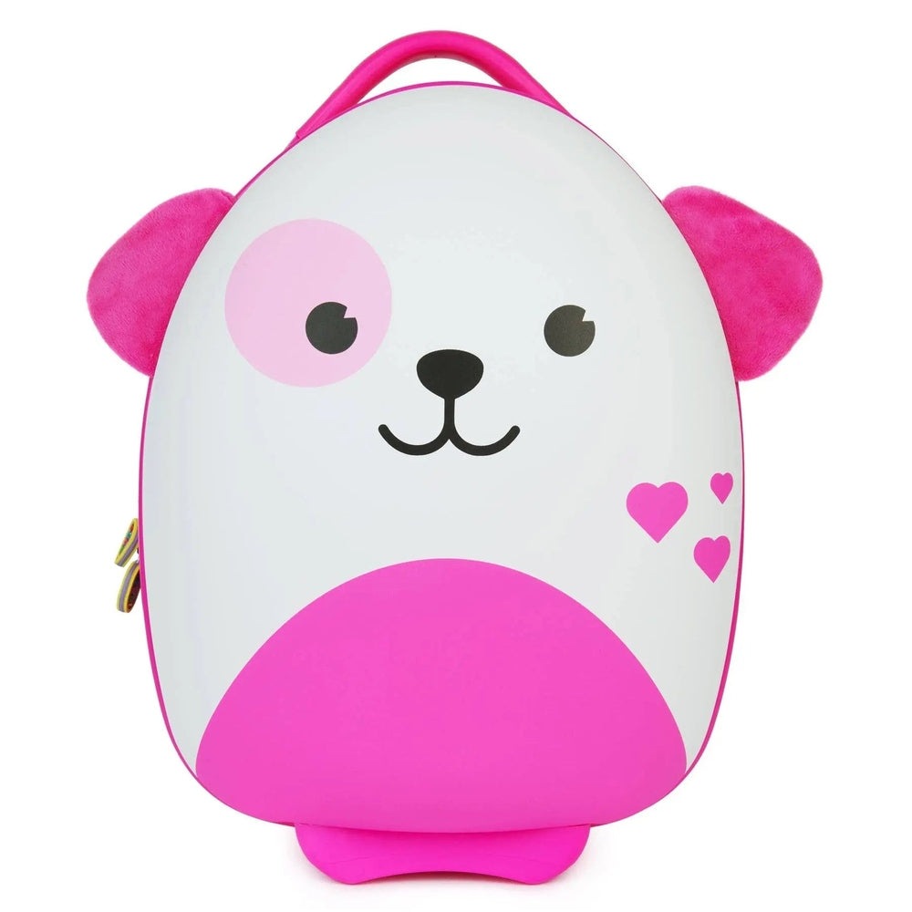 Boppi Tiny Trekker Kids Luggage Case: pink panda design, white body, top handle up and plush ears visible.