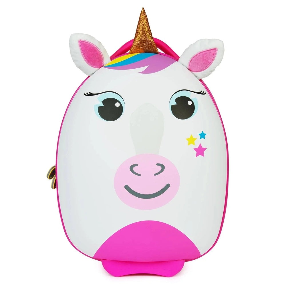 Boppi Tiny Trekker Kids Luggage Case: white unicorn with pink accents and glitter horn, standing upright.