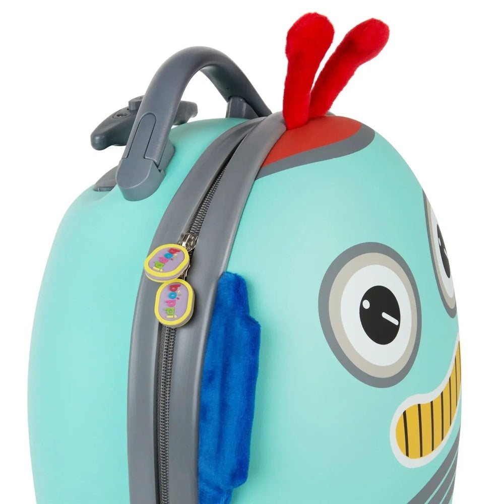 Boppi Tiny Trekker Kids Luggage Case in turquoise; zipper opens along the grey edge, with plush blue pocket and red antenna accents.