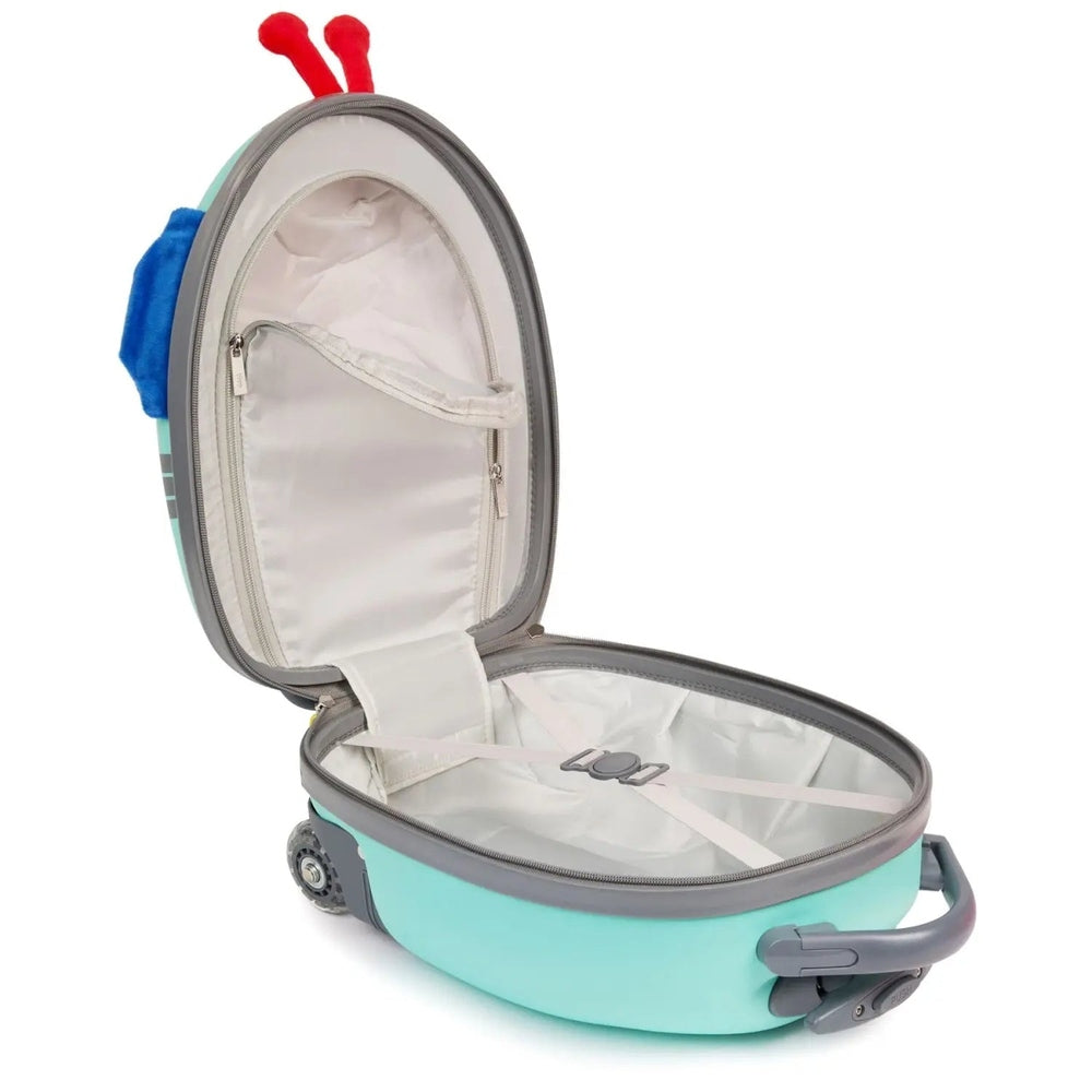 Boppi Tiny Trekker Kids Luggage Case opened to reveal interior zip pocket and packing straps, turquoise exterior.