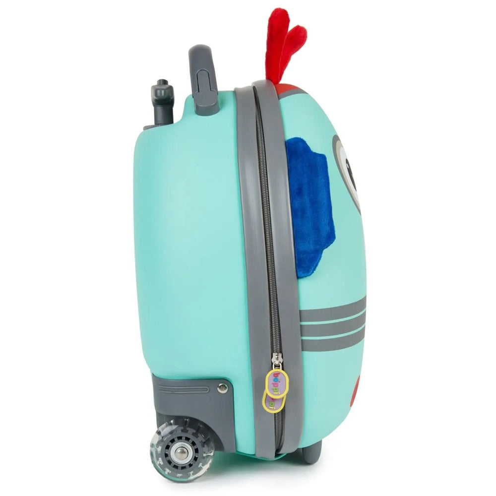 Boppi Tiny Trekker Kids Luggage Case in mint green rolls on wheels with a gray retractable handle and cartoon face.