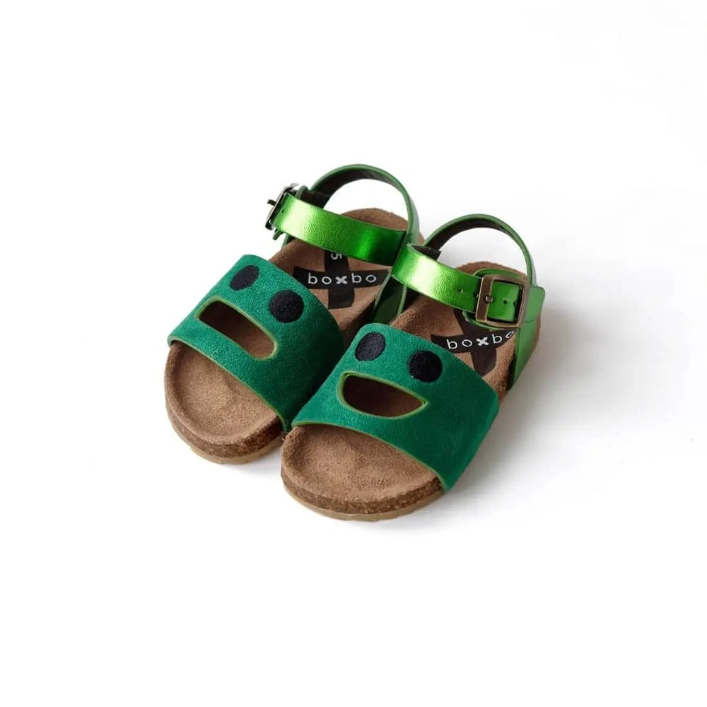Boxbo Cork Sandal Wistiti Green shown with adjustable buckle straps and cork footbed in bright, playful style.