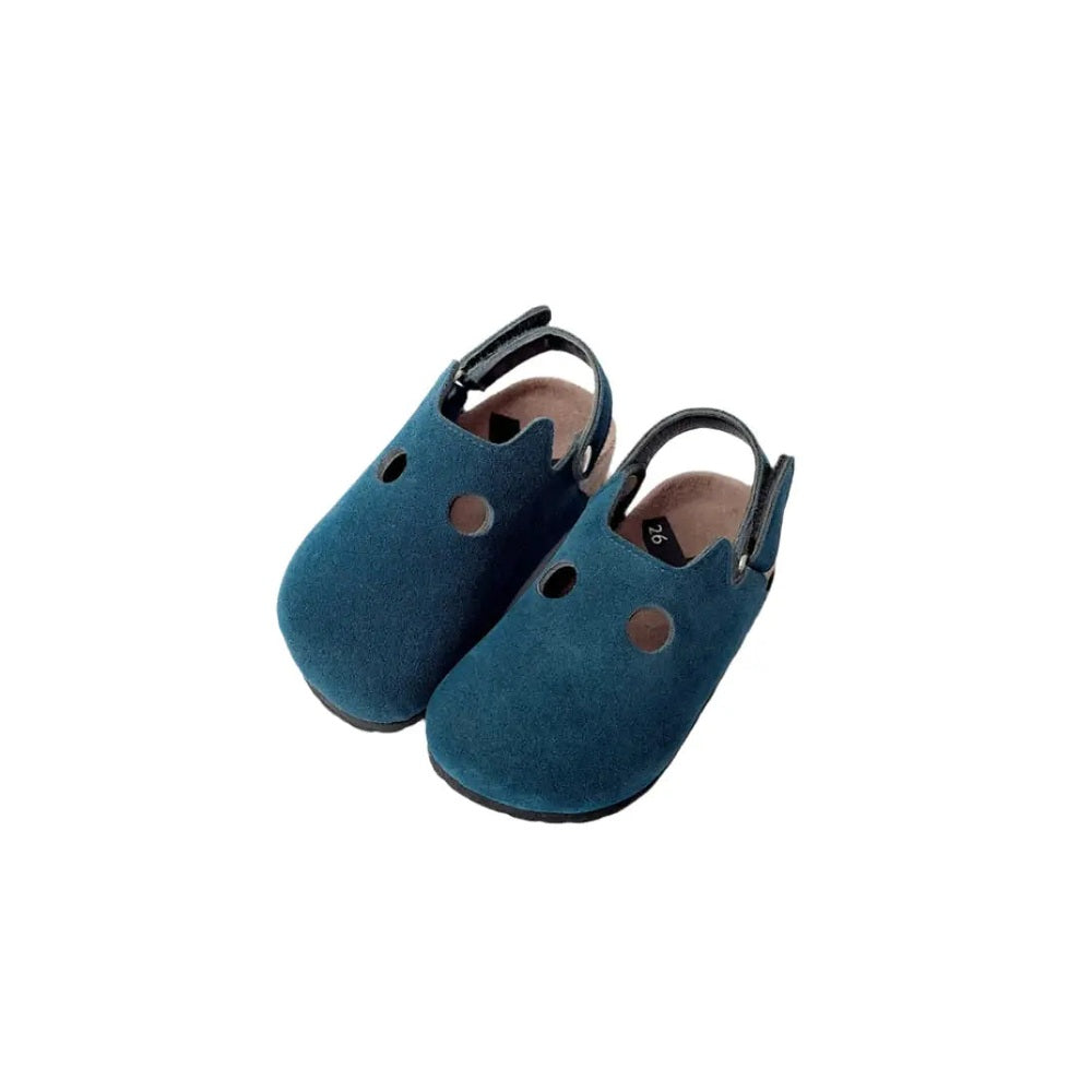 Boxbo Fox Cork Clog Unisex Sandal blue, pair of slip-on sandals with back straps and circular cutouts.