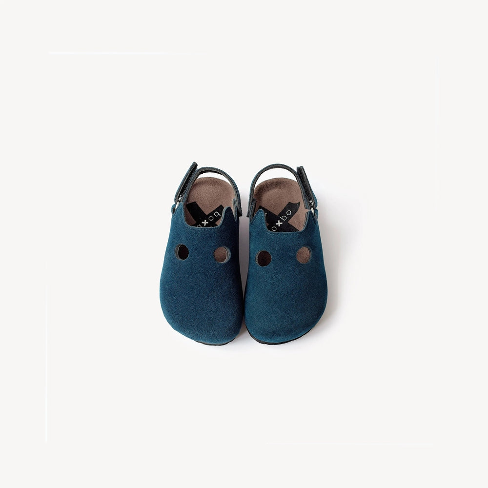 Boxbo Fox Cork Clog Sandal Blue for kids with back straps and ventilation holes, shown as a pair.