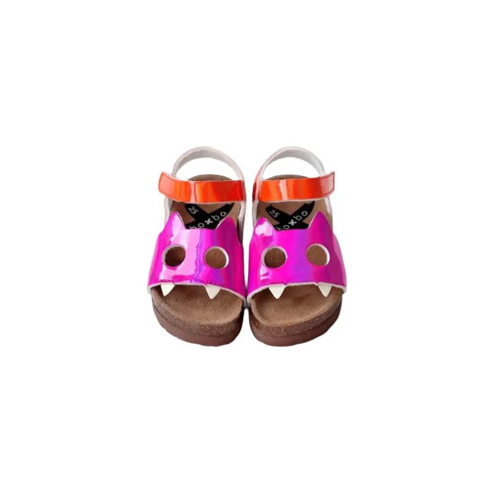 Boxbo Fox Cork Clog Unisex Sandal Fuschia pair shown from front with bright pink uppers, orange strap, and cork soles.