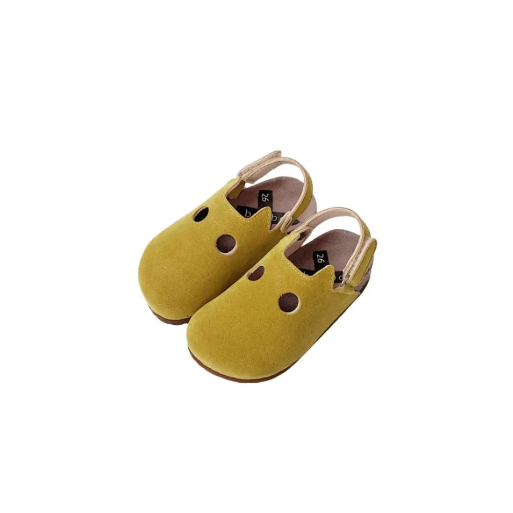 Boxbo Fox Cork Clog Unisex Sandal mustard yellow with back straps, pair of cork-soled sandals.