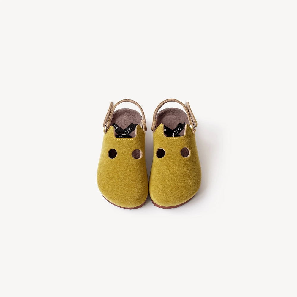 Boxbo Fox Cork Clog Sandal Mustard, unisex yellow suede with back straps; two ventilation holes visible.