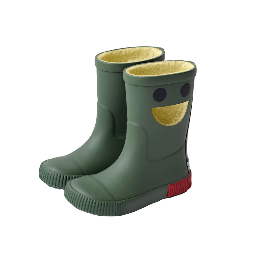 Boxbo Wistiti fleece-lined rainboots forest green pair with yellow interior and red heel tab.