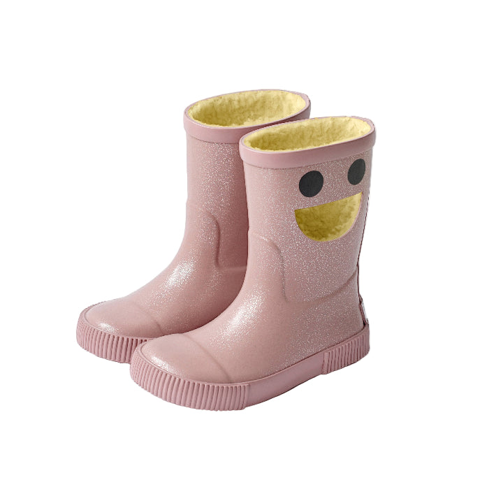 Boxbo Wistiti Fleece Lined Rainboots Glitter Pink; twin pink glitter rainboots with yellow fleece lining and a cheerful face.