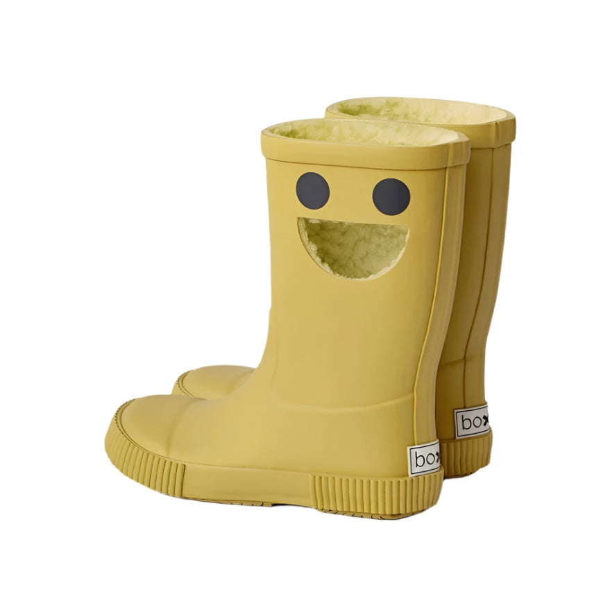 Boxbo Wistiti Fleece Lined Rainboots mustard yellow, two boots shown with cozy fleece lining at the top.