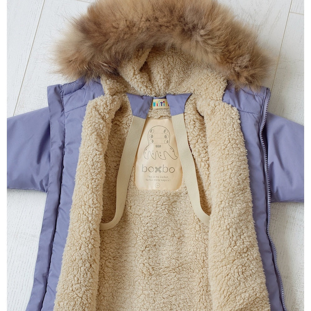 Boxbo Wistiti Fleece Lined Waterproof & Snowproof Fur Jacket Mauve Lavender laid flat to reveal plush beige sherpa lining and fur-trimmed hood