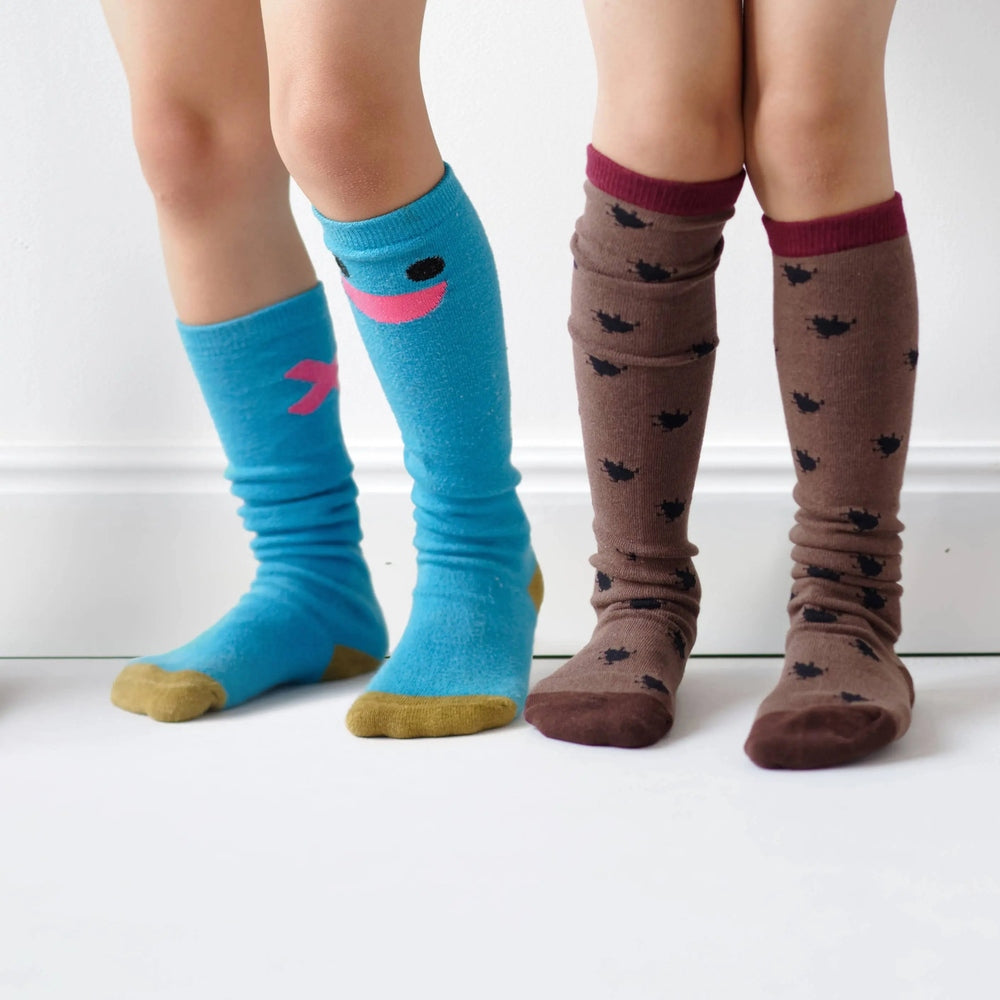 Boxbo Wistiti High Sock Blue and Brown Bird-Print 2-pack; kids pose standing, blue socks show yellow toe, brown socks display bird pattern.
