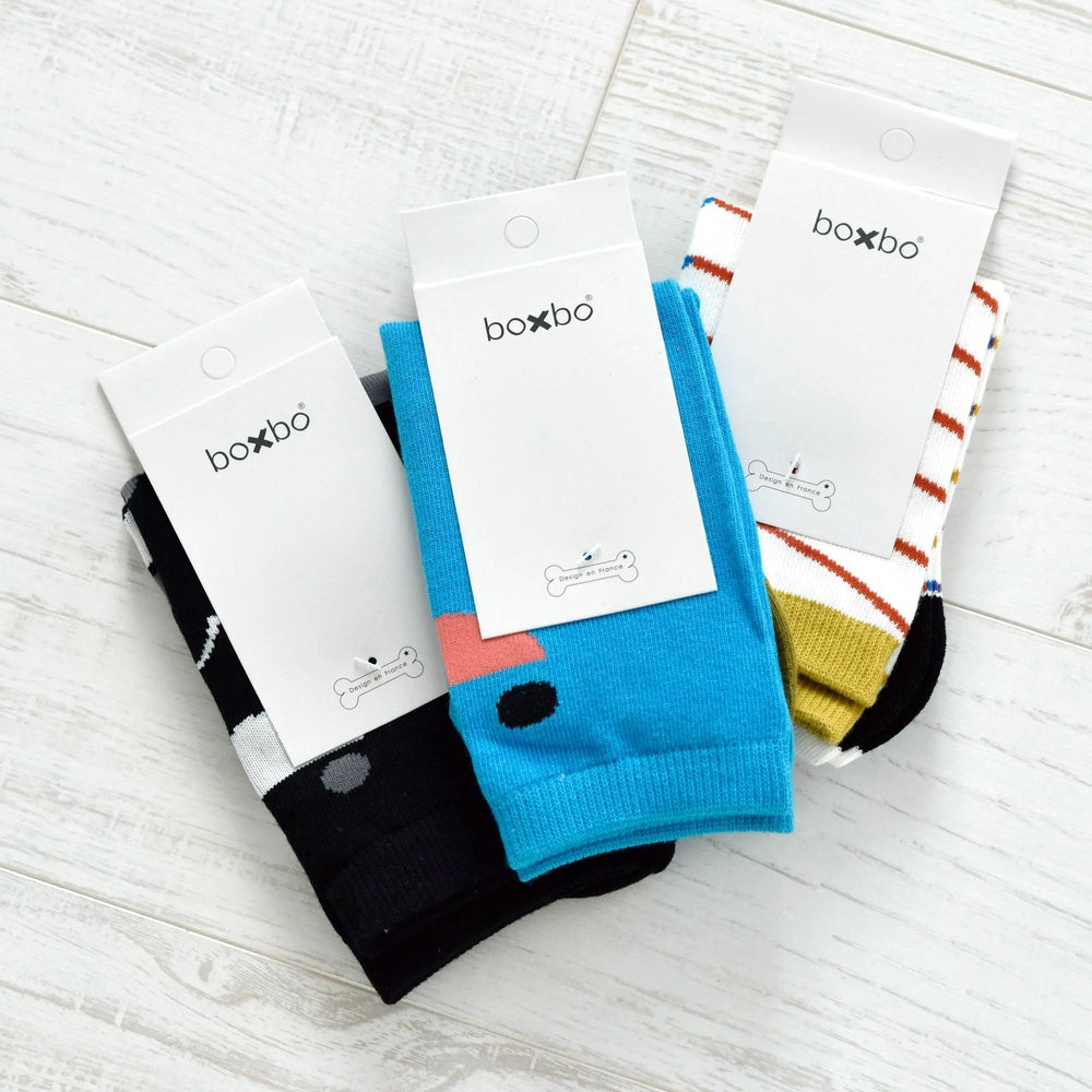 Boxbo Wistiti High Sock Blue; set of 4 baby socks in blue/stripe patterns, shown with brand tags.