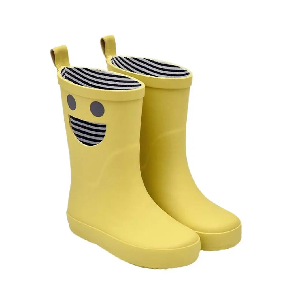 Boxbo Wistiti Rainboots Moutarde; yellow kids' boots with striped lining and smiley face, shown as a pair standing together